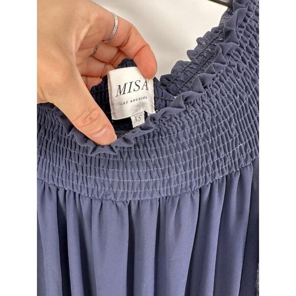 Misa Los Angeles Navy Smocked Cottage Gore Pom Midi Dress Women’s XS Read - Picture 4 of 11